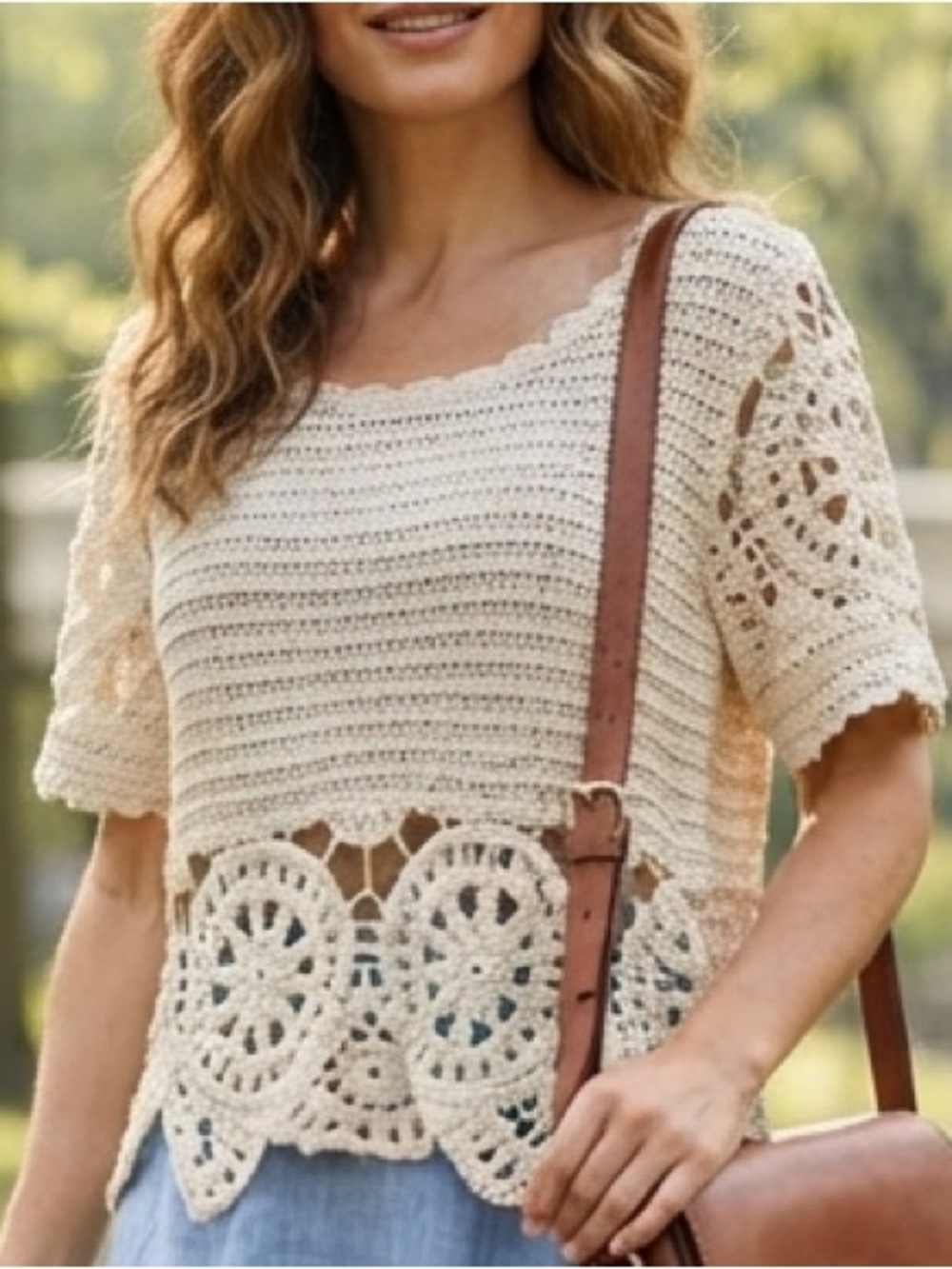 Crochet Top 95% Cotton Cream Solitaire Top Granny Square Boho Festival Neutral